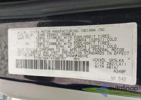 2004 Toyota Sequoia Limited V8 z USA, uszkodzony, nr VIN 5TDBT48A14S206757